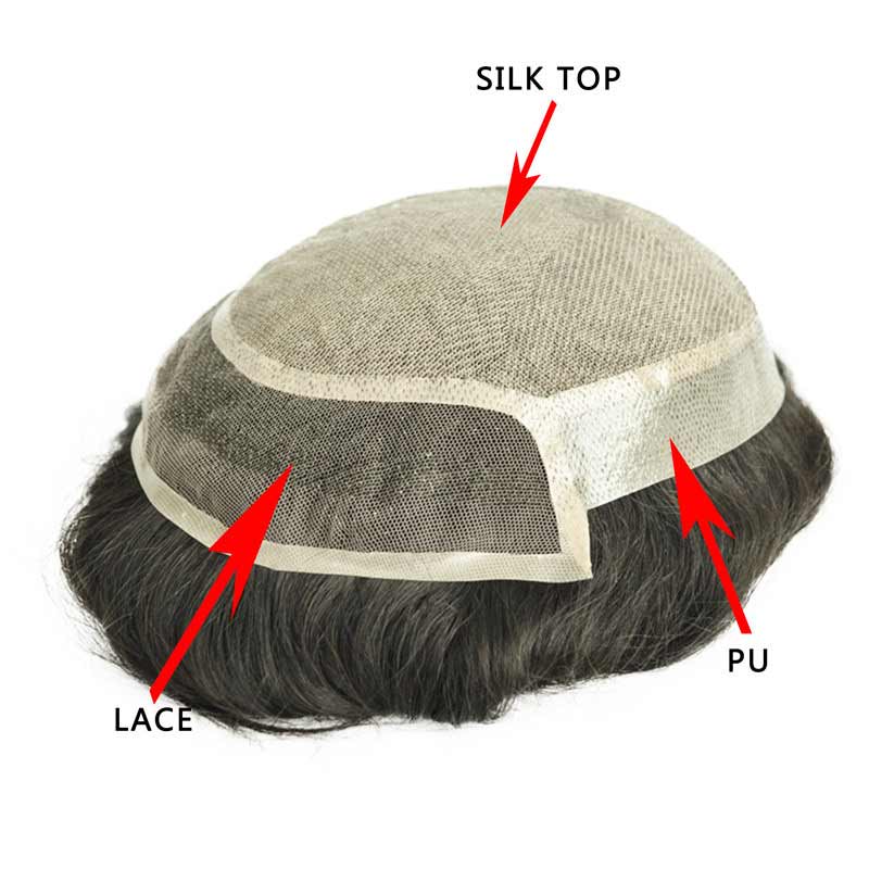 Elegant Hair Silk top with PU sides and back and lace front Mens Human Hair Wigs